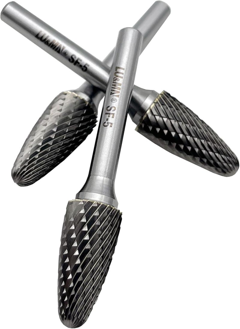 LU&MN SF-5 Tungsten Carbide Burr Tree Shape Radius End Double Cut Rotary Burr File (1/2” Cutter Dia X 1”Cutter Length) with 1/4'' Shank, 3PCS - Image 4